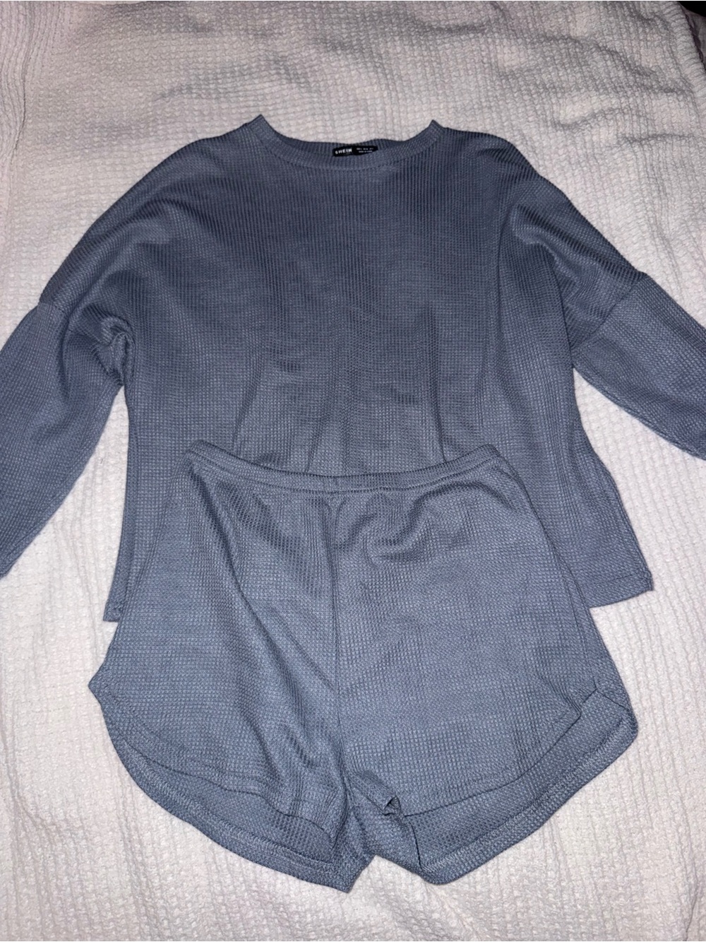 SHEIN Slate Blue Ribbed Crewneck Sweater and Short Set